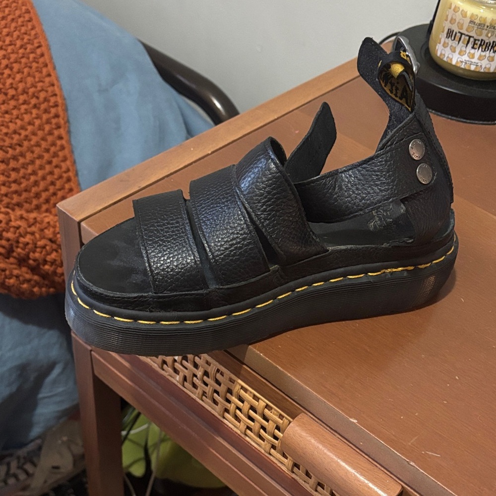 Dr. Martens Black Leather Platform Sandal with Yellow Stitching